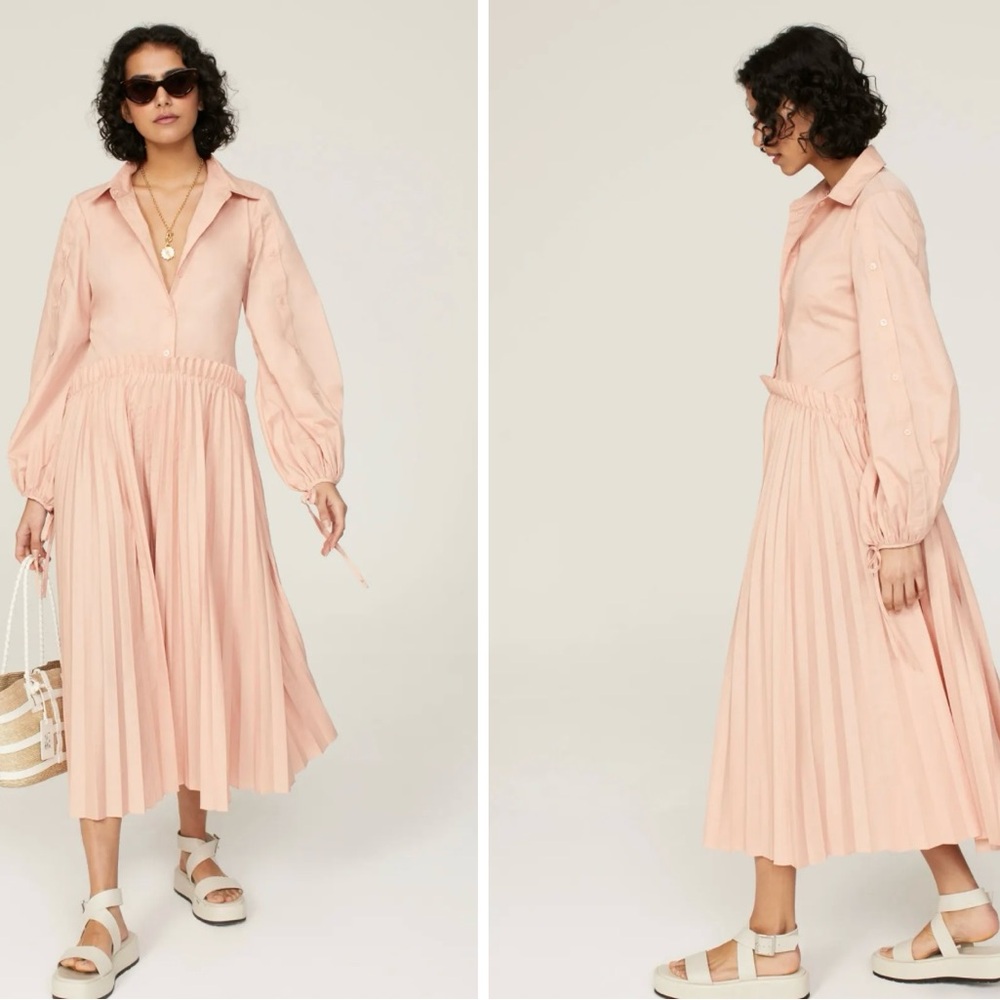 Bibhu Mohapatra Collective Pink Pleated Long Sleeve Midi Shirt Dress Size 2
